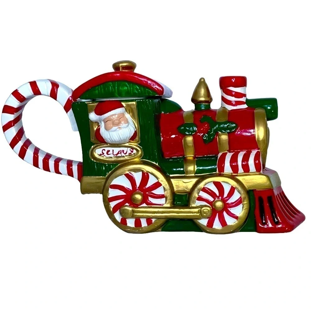 Vintage TeaPot Set Santa Train with Nesting Creamer Sugar Bowl 3 PC Ceramic 1994